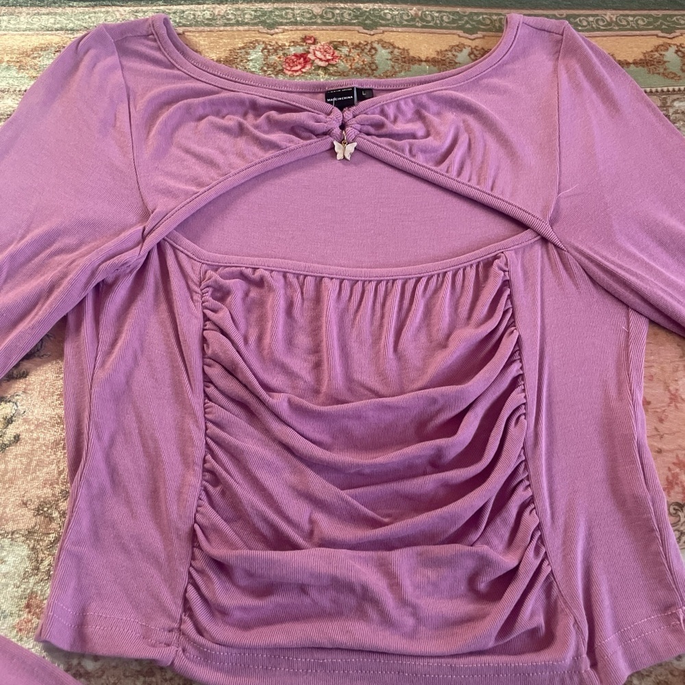 Shein Mod| Lilac Pink Ruched Cut Out Top w/Butterfly Charm|Y2K|NWOT - Picture 2 of 6